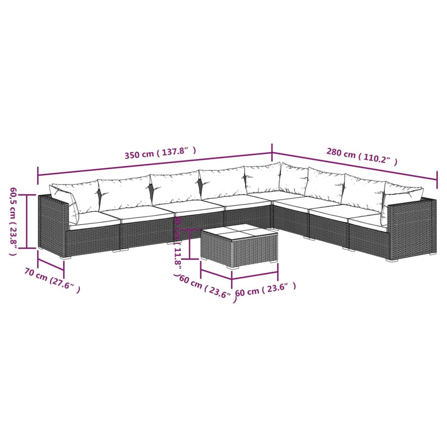 9-Delige Loungeset Met Kussens Poly Rattan Zwart En Waterblauw 1 3x hoek + 5x midden + Tafel