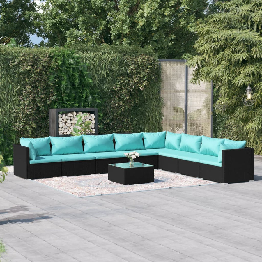 9-Delige Loungeset Met Kussens Poly Rattan Zwart En Waterblauw 1 3x hoek + 5x midden + Tafel