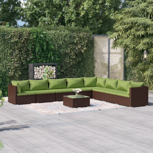 9-Delige Loungeset Met Kussens Poly Rattan Bruin En Groen 1 3x hoek + 5x midden + Tafel