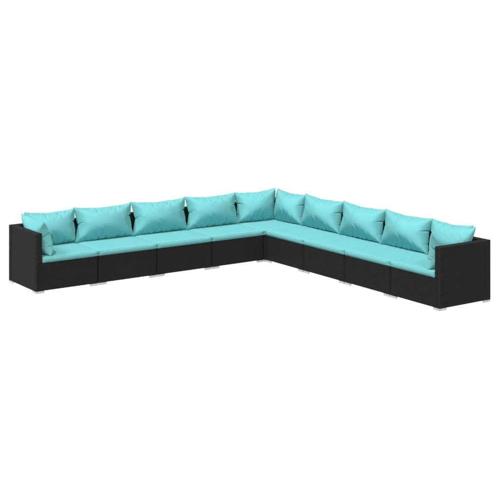 9-delige Loungeset met kussens poly rattan zwart