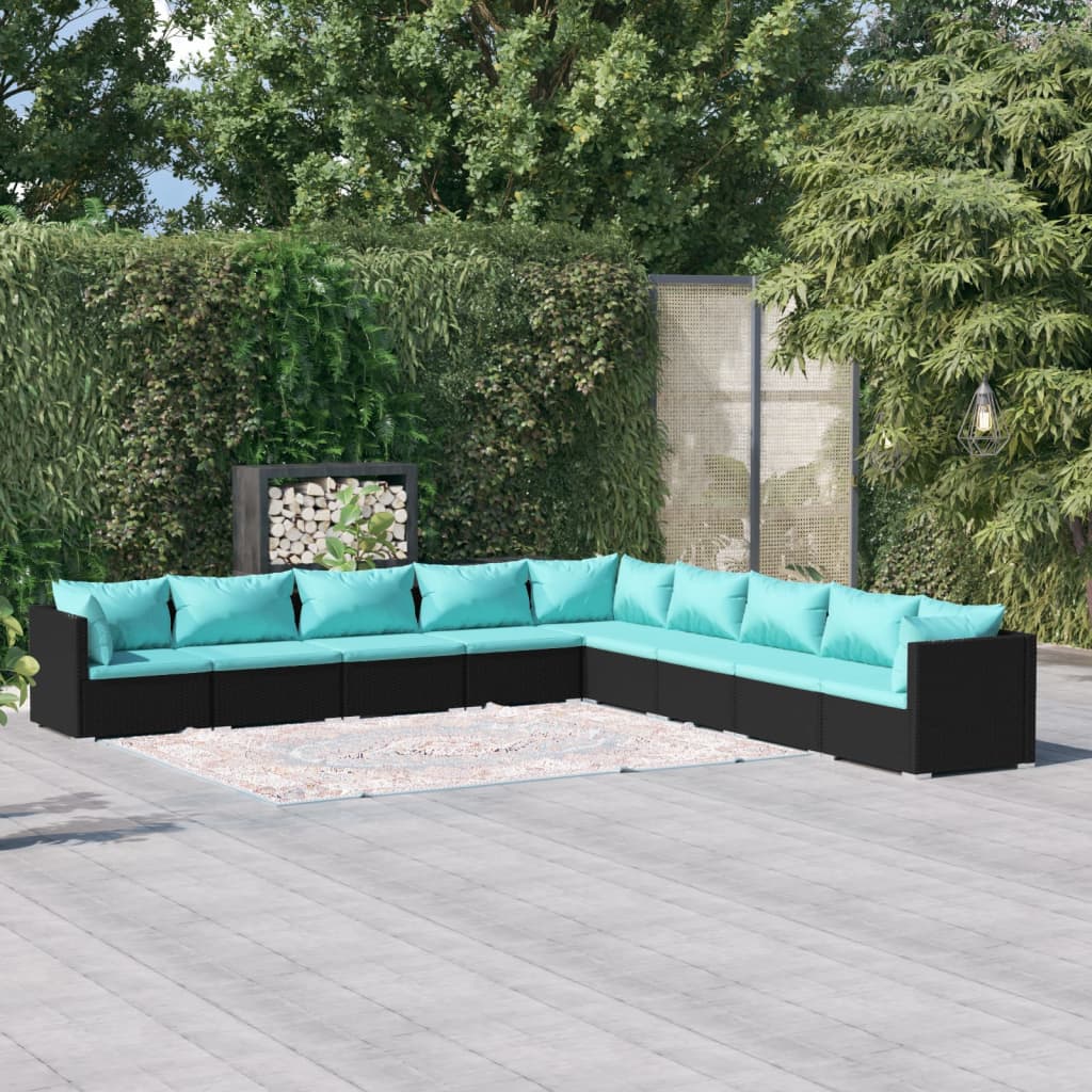 9-delige Loungeset met kussens poly rattan zwart