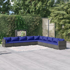 9-Delige Loungeset Met Kussens Poly Rattan Grijs En Donkerblauw 1 3x hoek + 6x midden