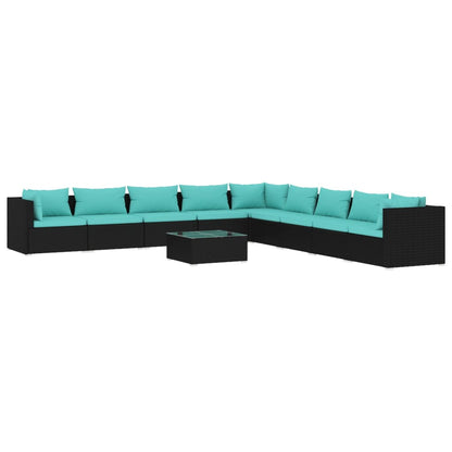 10-delige Loungeset met kussens poly rattan zwart