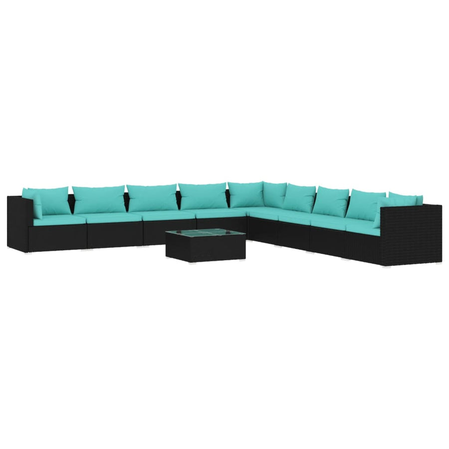 10-delige Loungeset met kussens poly rattan zwart