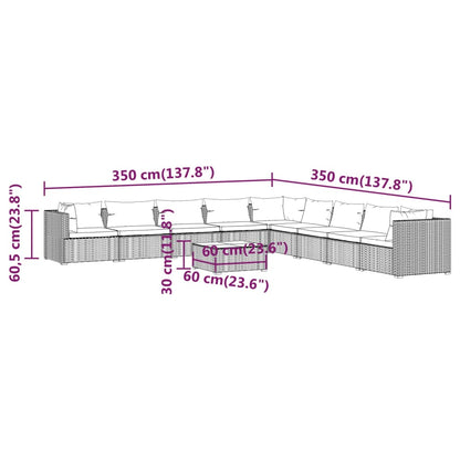 10-delige Loungeset met kussens poly rattan zwart