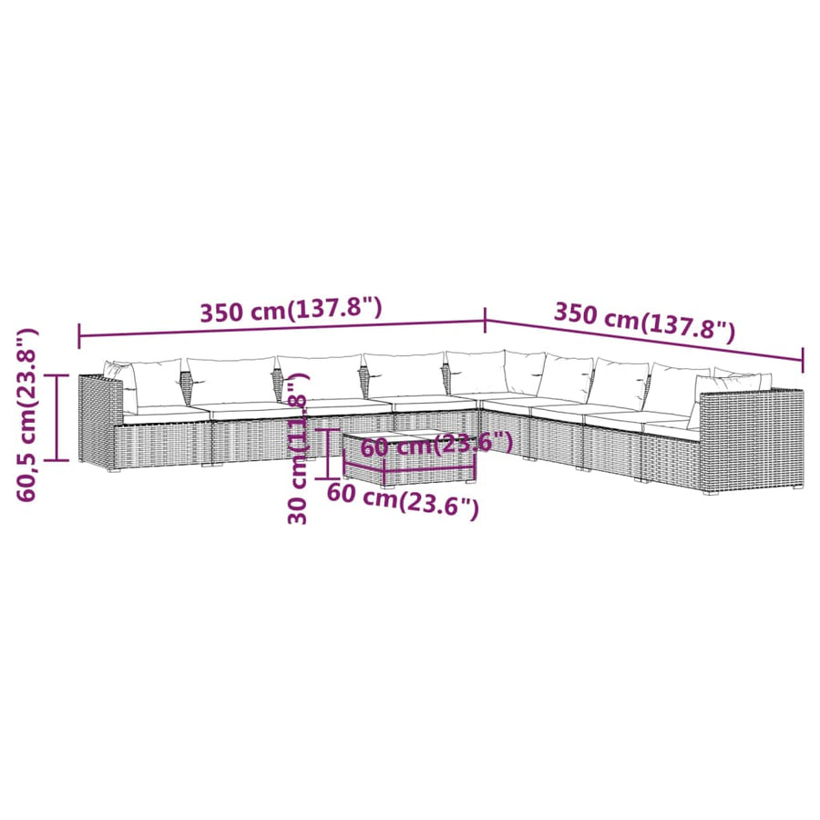 10-delige Loungeset met kussens poly rattan grijs