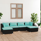 6-Delige Loungeset Met Kussens Poly Rattan Zwart En Blauw 2x hoek + 2x midden + 2x voetensteun