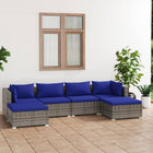 6-Delige Loungeset Met Kussens Poly Rattan Grijs En Donkerblauw 2x hoek + 2x midden + 2x voetensteun