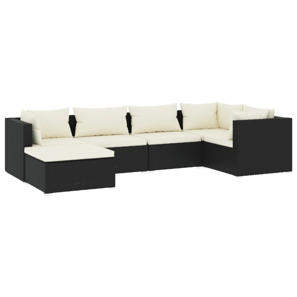 6-delige Loungeset met kussens poly rattan zwart