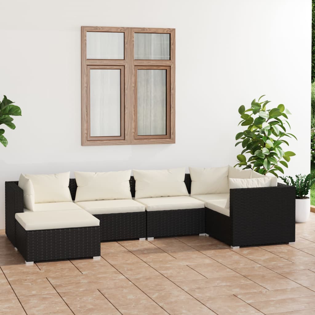6-delige Loungeset met kussens poly rattan zwart