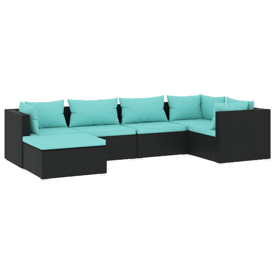 6-Delige Loungeset Met Kussens Poly Rattan Zwart En Blauw 3x hoek + 2x midden + voetensteun