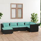 6-Delige Loungeset Met Kussens Poly Rattan Zwart En Blauw 3x hoek + 2x midden + voetensteun