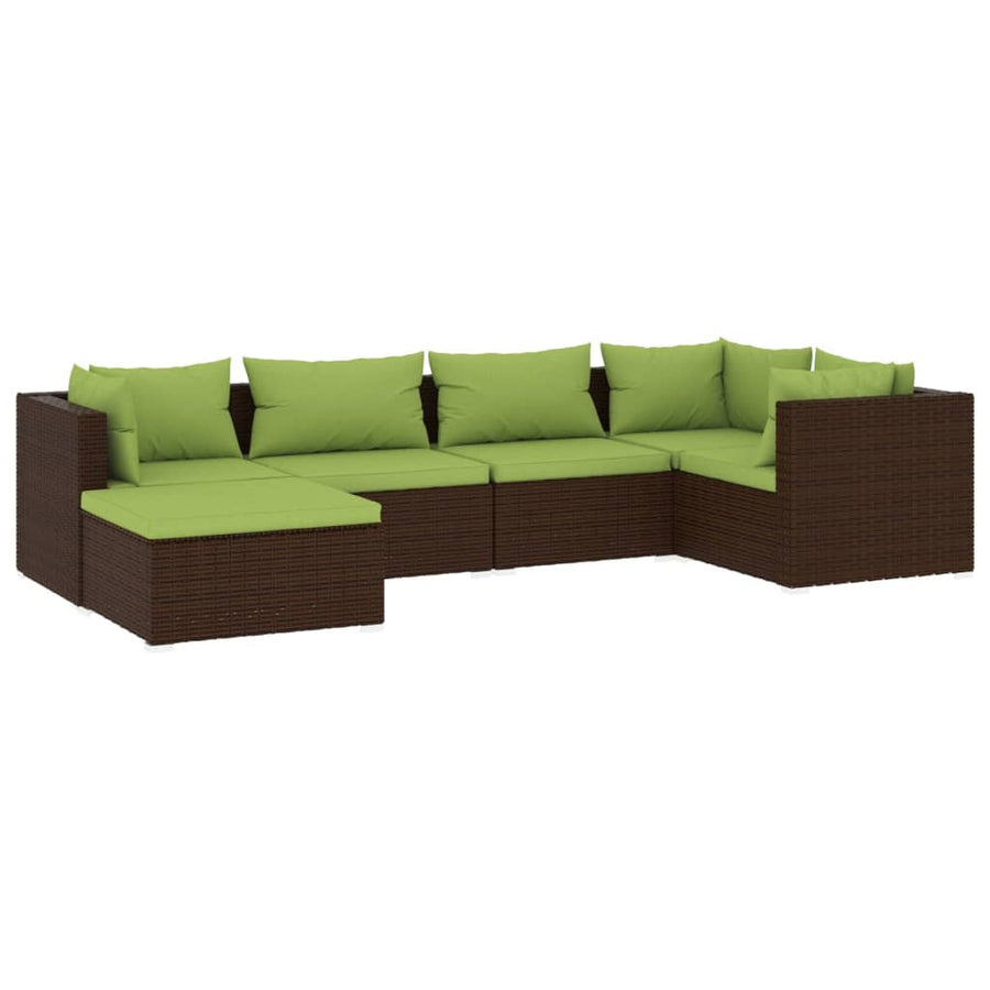 6-Delige Loungeset Met Kussens Poly Rattan Bruin En Groen 3x hoek + 2x midden + voetensteun