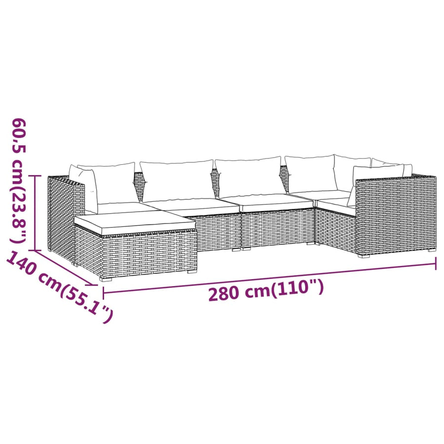6-delige Loungeset met kussens poly rattan grijs