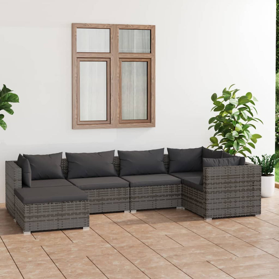 6-delige Loungeset met kussens poly rattan grijs