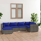 6-Delige Loungeset Met Kussens Poly Rattan Grijs En Donkerblauw 3x hoek + 2x midden + voetensteun