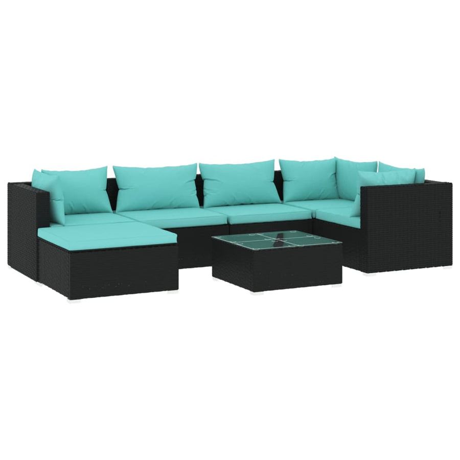 7-delige Loungeset met kussens poly rattan zwart