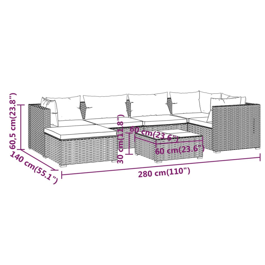 7-delige Loungeset met kussens poly rattan zwart