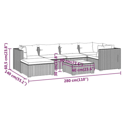 7-delige Loungeset met kussens poly rattan bruin