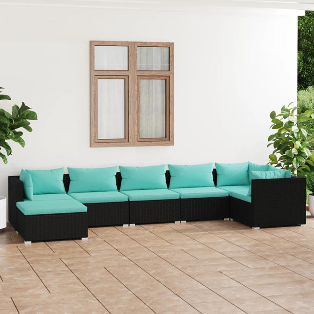 7-Delige Loungeset Met Kussens Poly Rattan Zwart En Blauw 3x midden + 3x hoek + voetensteun