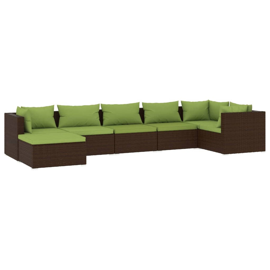 7-Delige Loungeset Met Kussens Poly Rattan Bruin En Groen 3x midden + 3x hoek + voetensteun