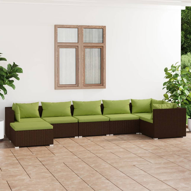 7-Delige Loungeset Met Kussens Poly Rattan Bruin En Groen 3x midden + 3x hoek + voetensteun