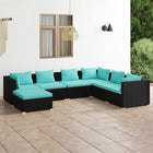 7-Delige Loungeset Met Kussens Poly Rattan Zwart En Blauw 3x hoek + 3x midden + voetensteun