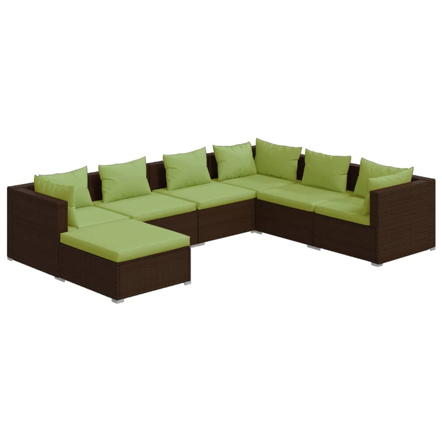 7-Delige Loungeset Met Kussens Poly Rattan Bruin En Groen 3x hoek + 3x midden + voetensteun