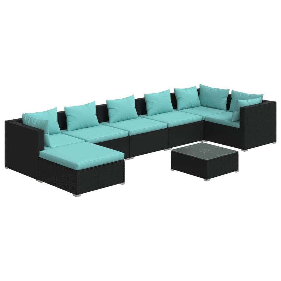 8-delige Loungeset met kussens poly rattan zwart