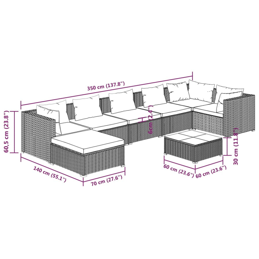 8-delige Loungeset met kussens poly rattan zwart