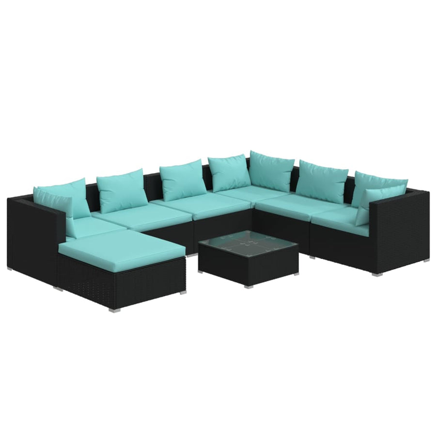 8-delige Loungeset met kussens poly rattan zwart