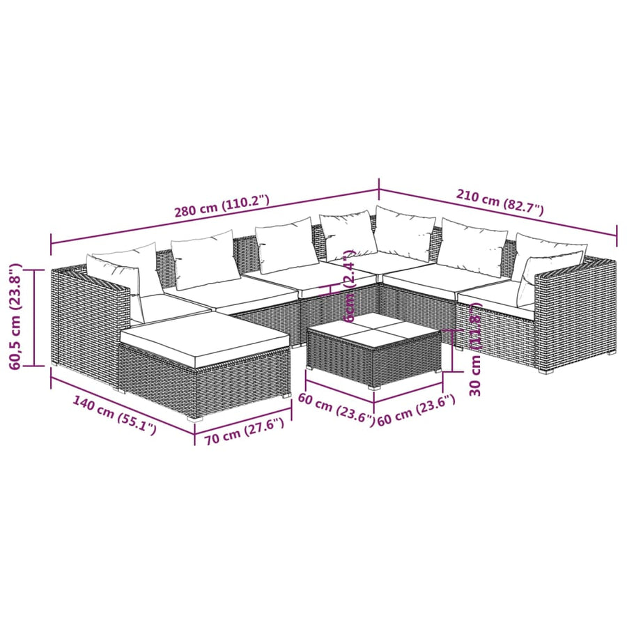 8-delige Loungeset met kussens poly rattan zwart