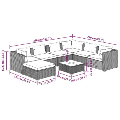 8-delige Loungeset met kussens poly rattan bruin