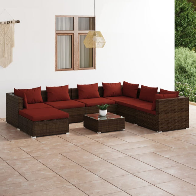 8-delige Loungeset met kussens poly rattan bruin 1 Bruin en rood