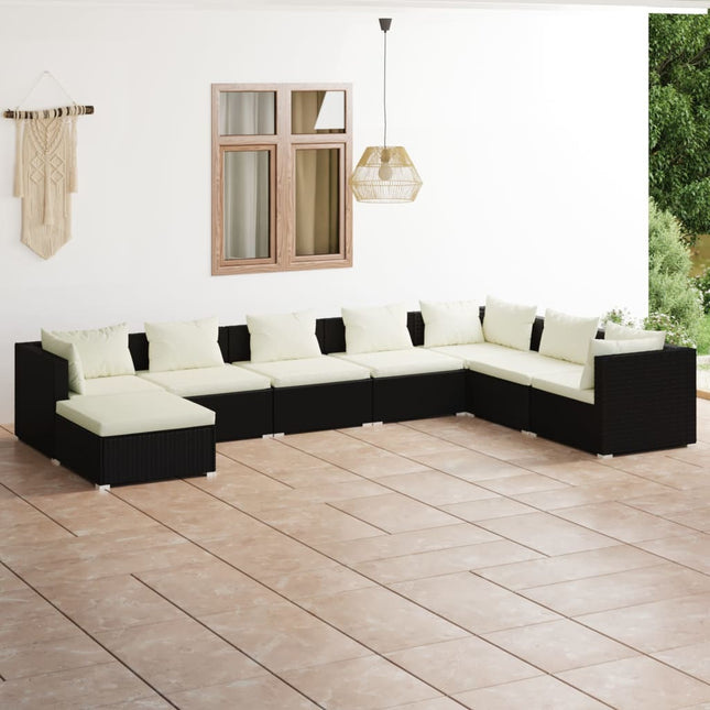 8-delige Loungeset met kussens poly rattan zwart 3x hoek + 4x midden + voetensteun