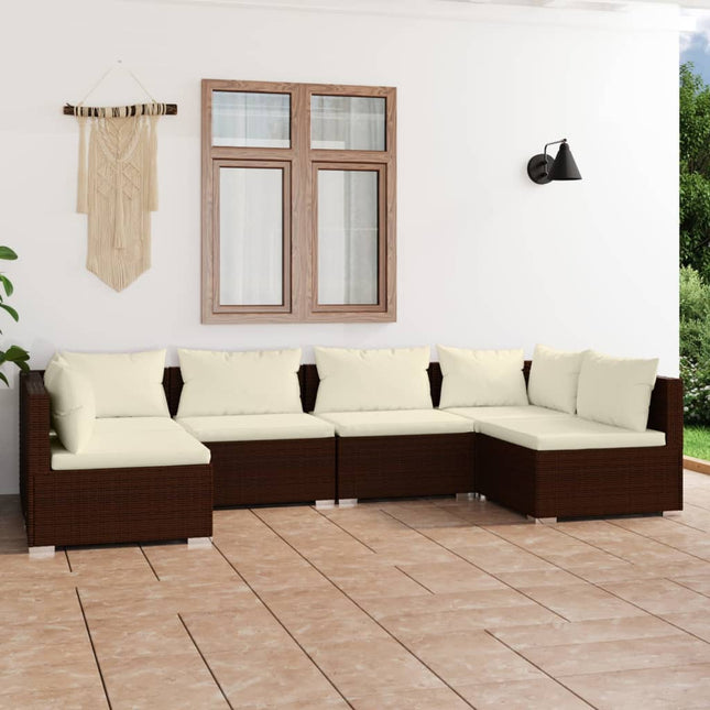 6-delige Loungeset met kussens poly rattan bruin 2x hoek + 4x midden