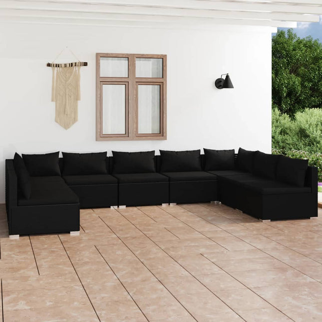 9-delige Loungeset met kussens poly rattan zwart 2x hoek + 7x midden