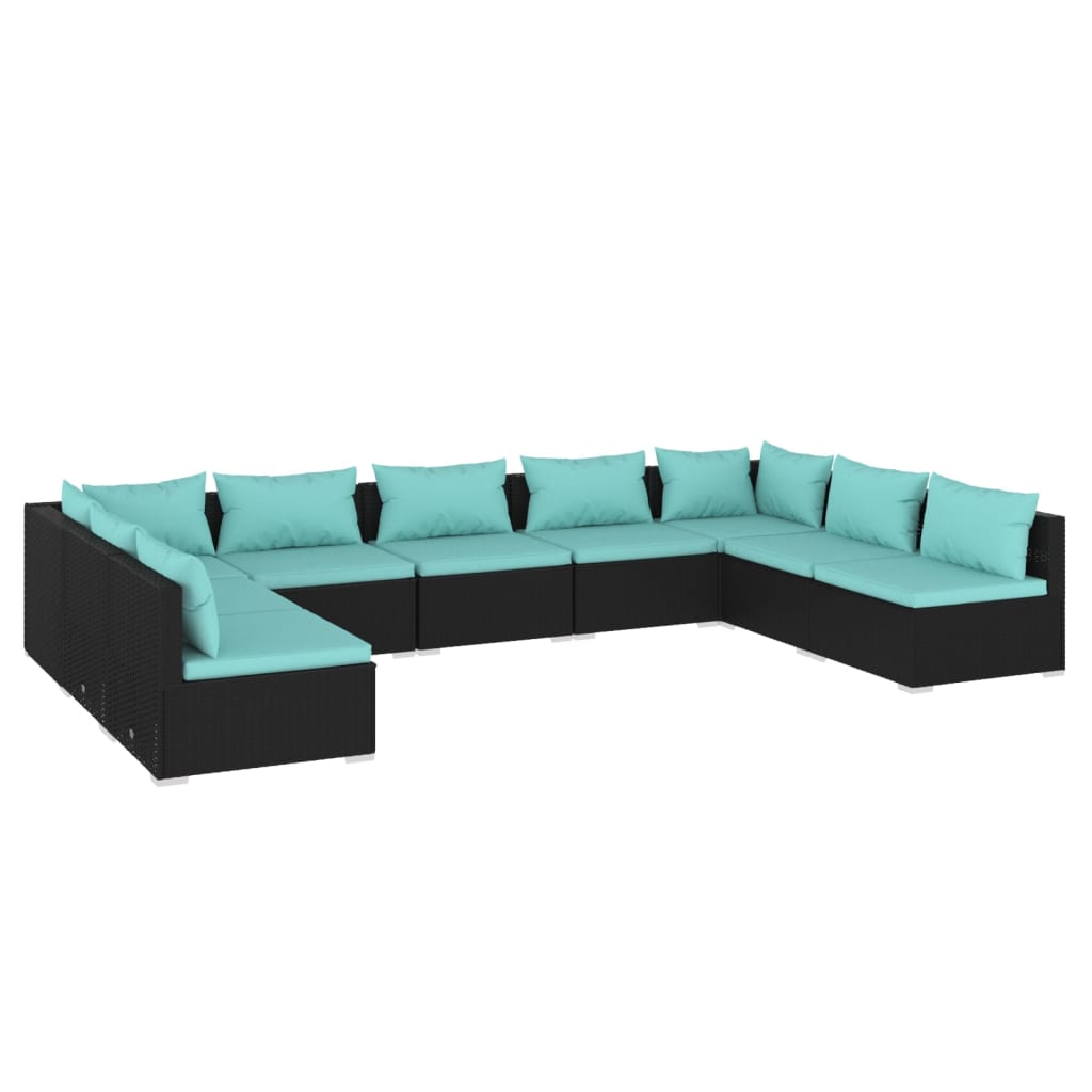 9-delige Loungeset met kussens poly rattan zwart