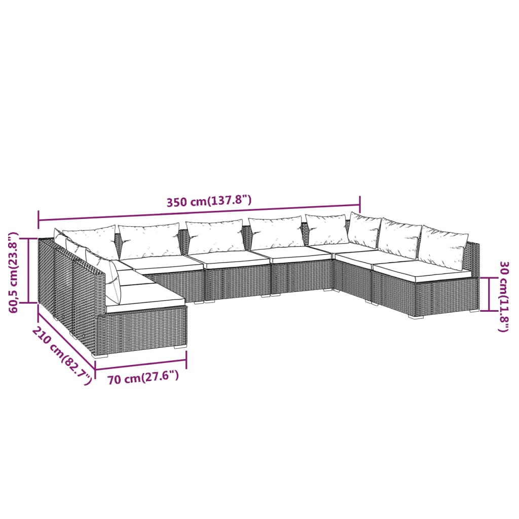 9-delige Loungeset met kussens poly rattan zwart