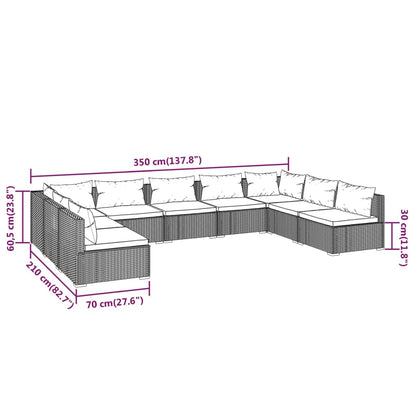9-delige Loungeset met kussens poly rattan zwart