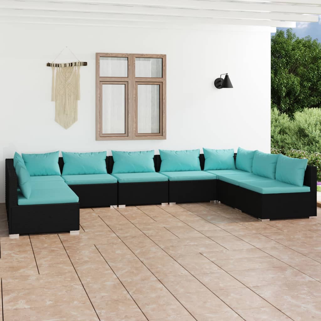 9-delige Loungeset met kussens poly rattan zwart