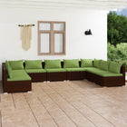 9-Delige Loungeset Met Kussens Poly Rattan Bruin En Groen 2x hoek + 7x midden