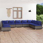 9-Delige Loungeset Met Kussens Poly Rattan Grijs En Donkerblauw 2x hoek + 7x midden