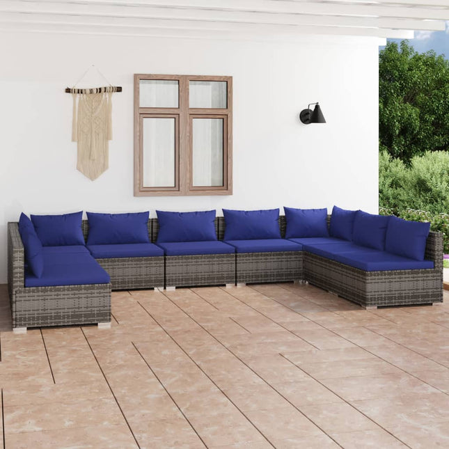 9-Delige Loungeset Met Kussens Poly Rattan Grijs En Donkerblauw 2x hoek + 7x midden