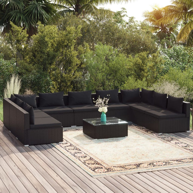 10-delige Loungeset met kussens poly rattan zwart 2x hoek + 7x midden + Tafel