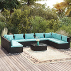 10-delige Loungeset met kussens poly rattan zwart 2x hoek + 7x midden + Tafel