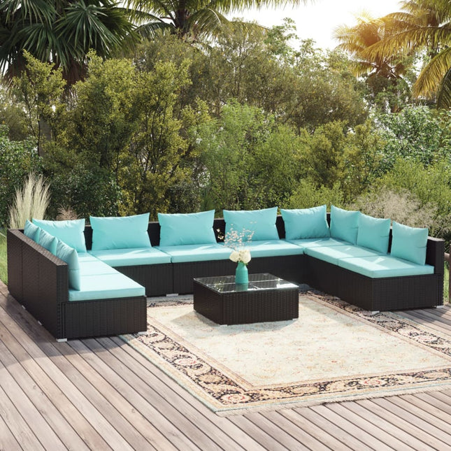 10-delige Loungeset met kussens poly rattan zwart 2x hoek + 7x midden + Tafel