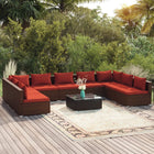 10-delige Loungeset met kussens poly rattan bruin Bruin en rood