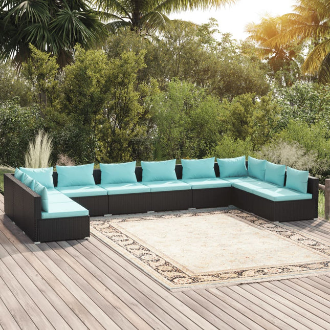 0-Delige Loungeset Met Kussens Poly Rattan Zwart En Blauw 2x hoek + 8x midden