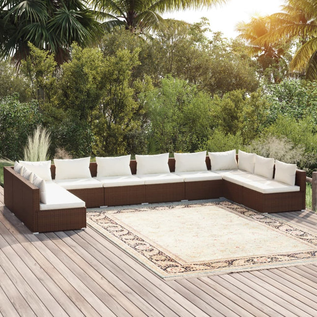 10-delige Loungeset met kussens poly rattan bruin Bruin en crème